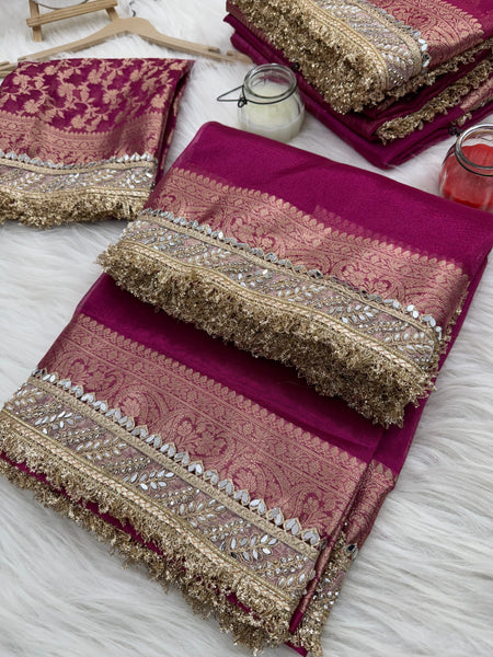 Gulabi Pink Banarasi Riwaayat Tissue Silk Saree | Easy To Carry