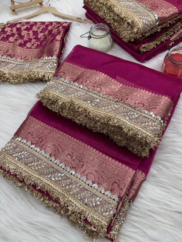 Gulabi Pink Banarasi Riwaayat Tissue Silk Saree | Easy To Carry