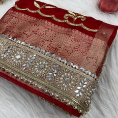 Shagun Red Banarasi Hand Zardozi Work Tissue Silk Saree