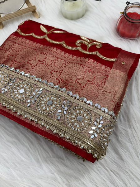 Shagun Red Banarasi Hand Zardozi Work Tissue Silk Saree