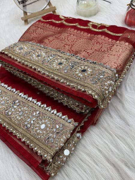 Shagun Red Banarasi Hand Zardozi Work Tissue Silk Saree