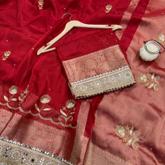 Shagun Red Banarasi Hand Zardozi Work Tissue Silk Saree