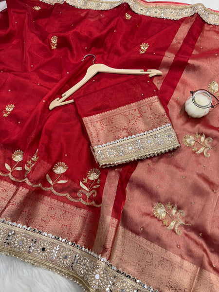 Shagun Red Banarasi Hand Zardozi Work Tissue Silk Saree