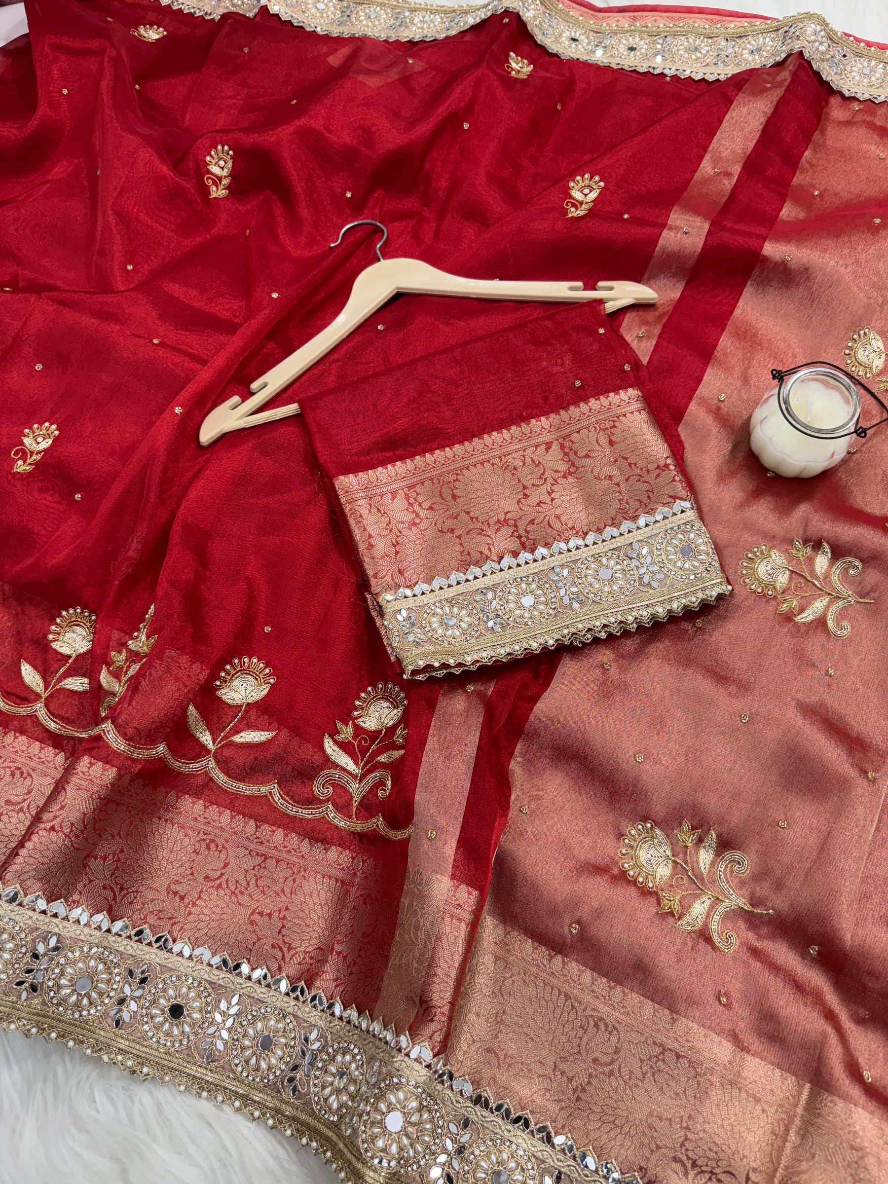 Shagun Red Banarasi Hand Zardozi Work Tissue Silk Saree