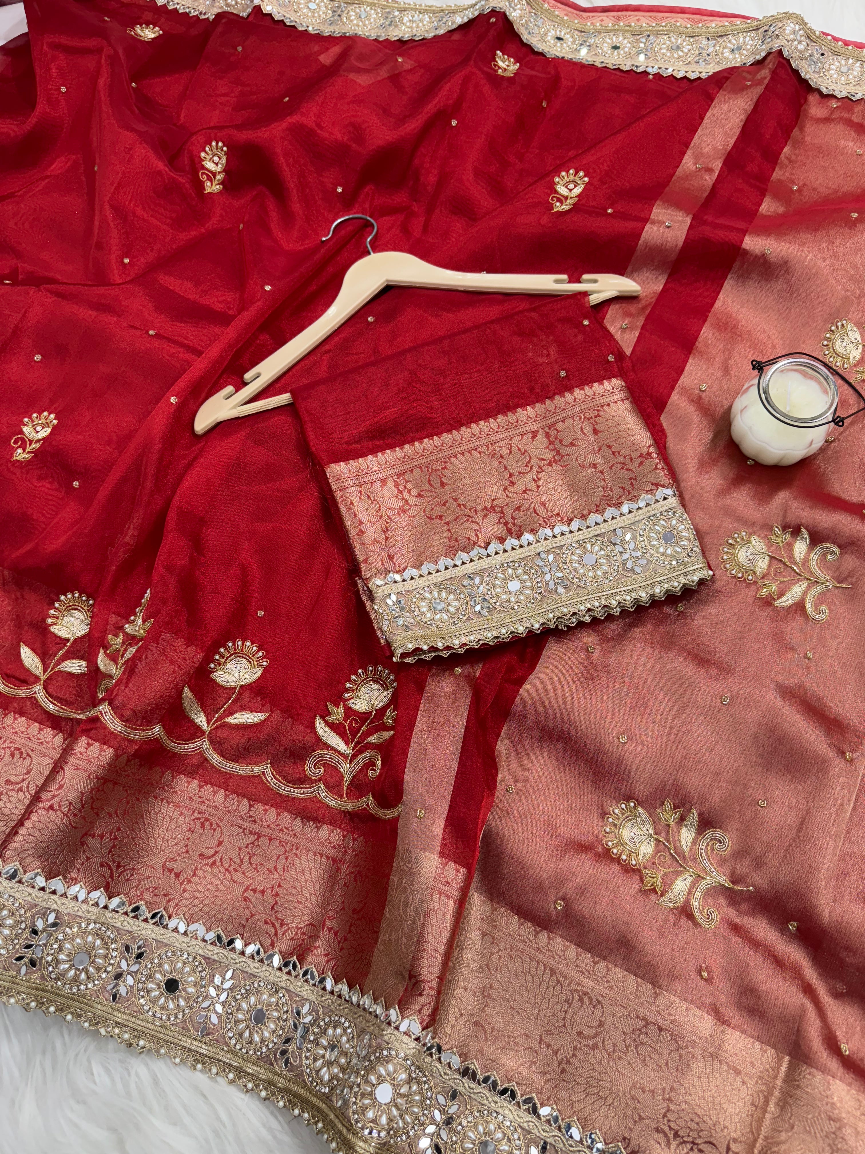 Shagun Red Banarasi Hand Zardozi Work Tissue Silk Saree