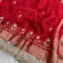 Shagun Red Banarasi Hand Zardozi Work Tissue Silk Saree