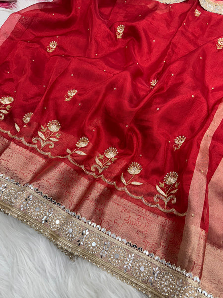 Shagun Red Banarasi Hand Zardozi Work Tissue Silk Saree