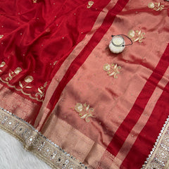 Shagun Red Banarasi Hand Zardozi Work Tissue Silk Saree