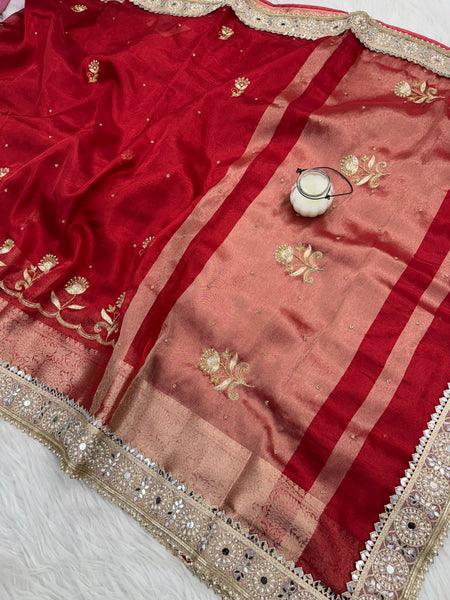 Shagun Red Banarasi Hand Zardozi Work Tissue Silk Saree