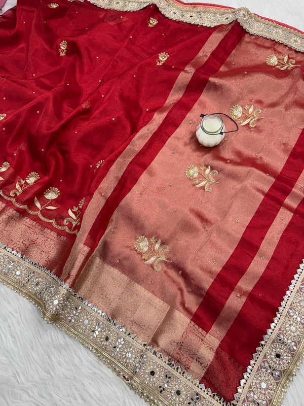Shagun Red Banarasi Hand Zardozi Work Tissue Silk Saree
