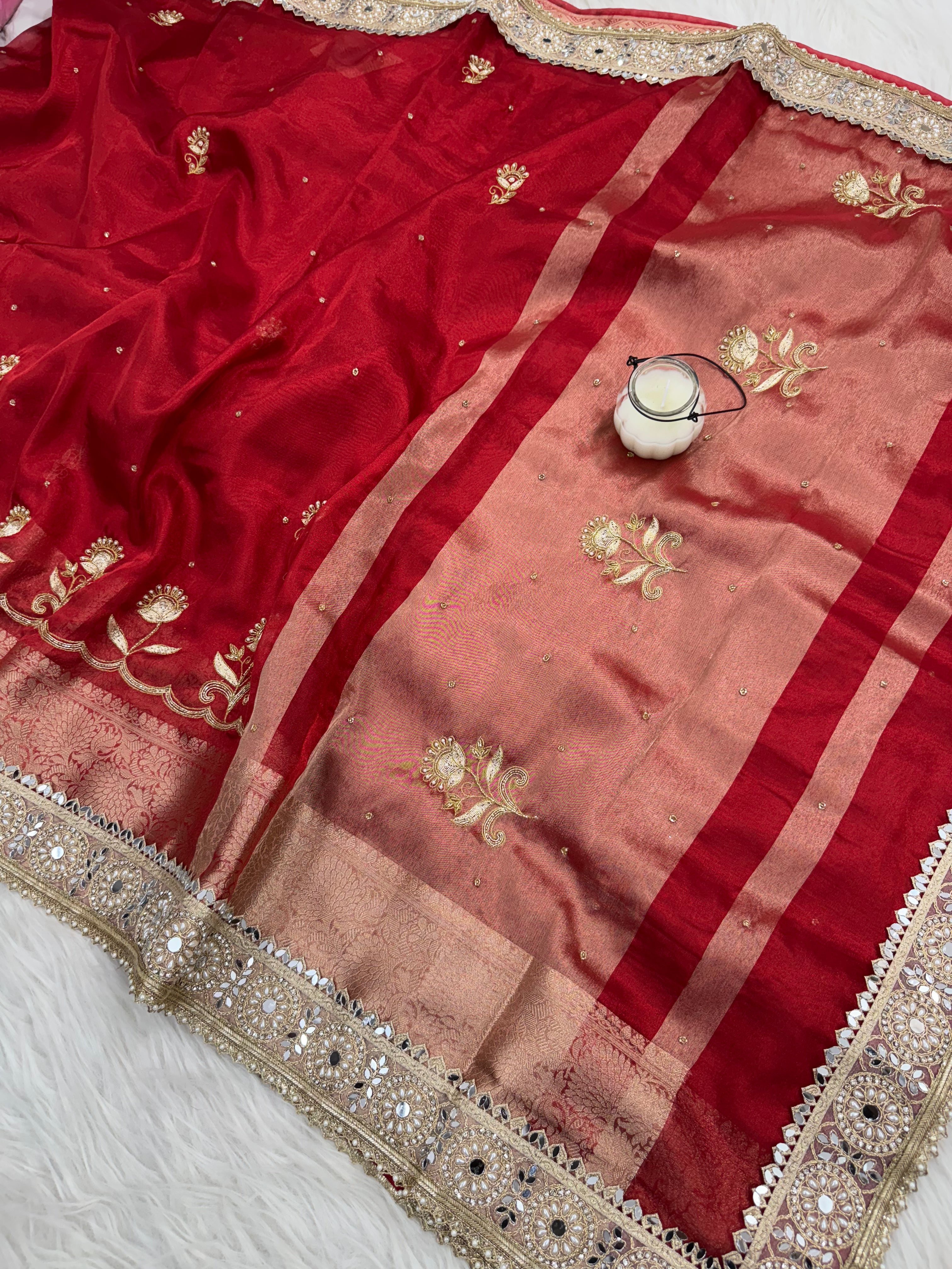 Shagun Red Banarasi Hand Zardozi Work Tissue Silk Saree
