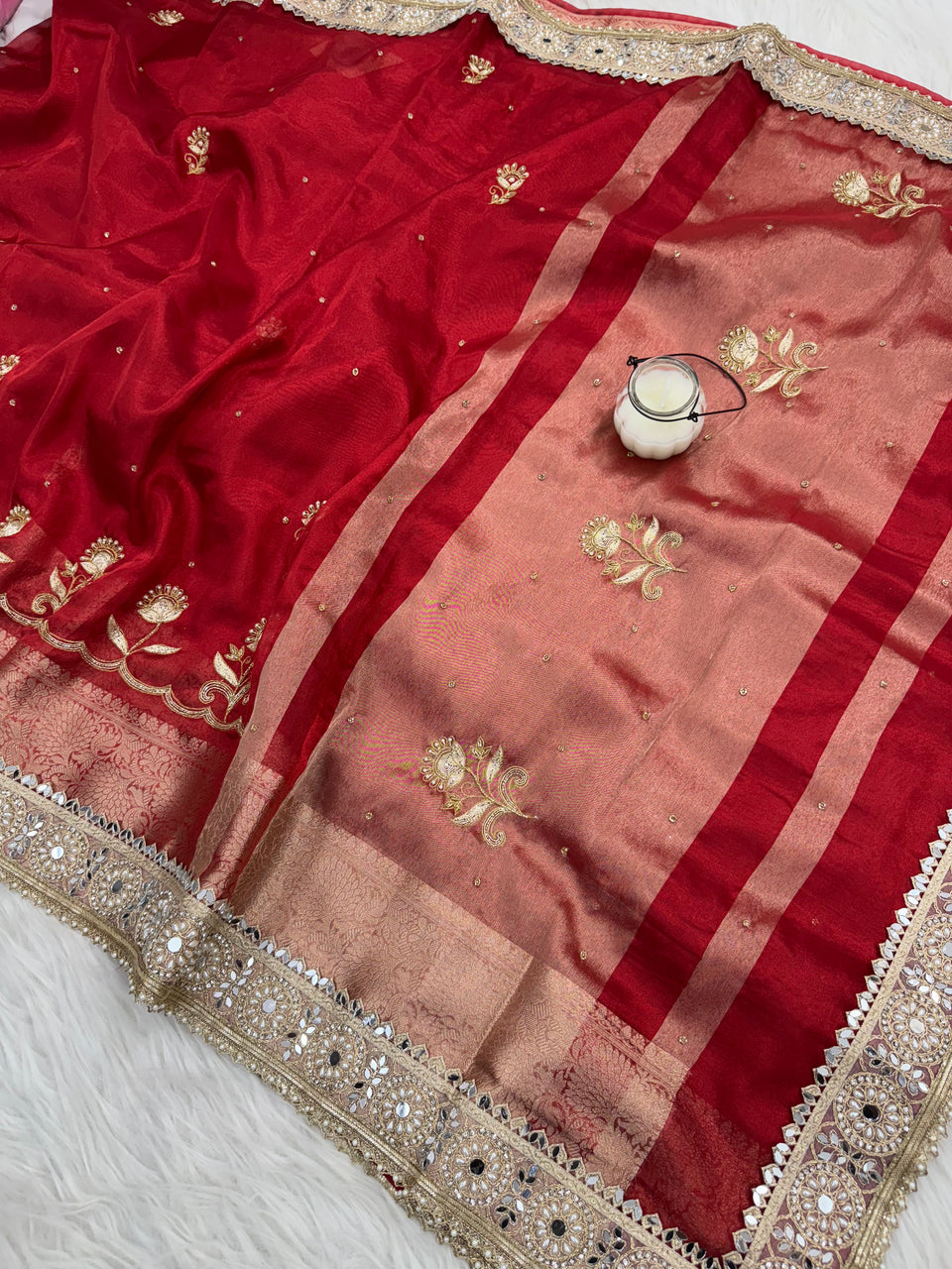 Shagun Red Banarasi Hand Zardozi Work Tissue Silk Saree