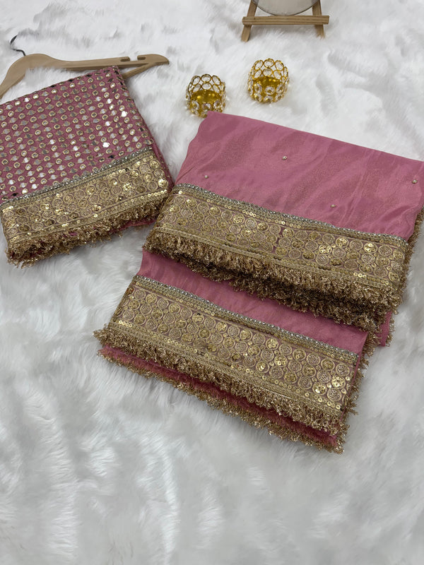 Rang-e-Mehar Rose Pink Designer Shimmery Soft Tissue Silk Saree