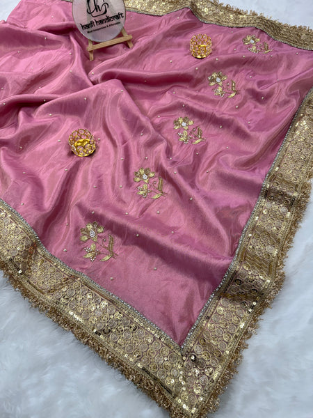 Rang-e-Mehar Rose Pink Designer Shimmery Soft Tissue Silk Saree