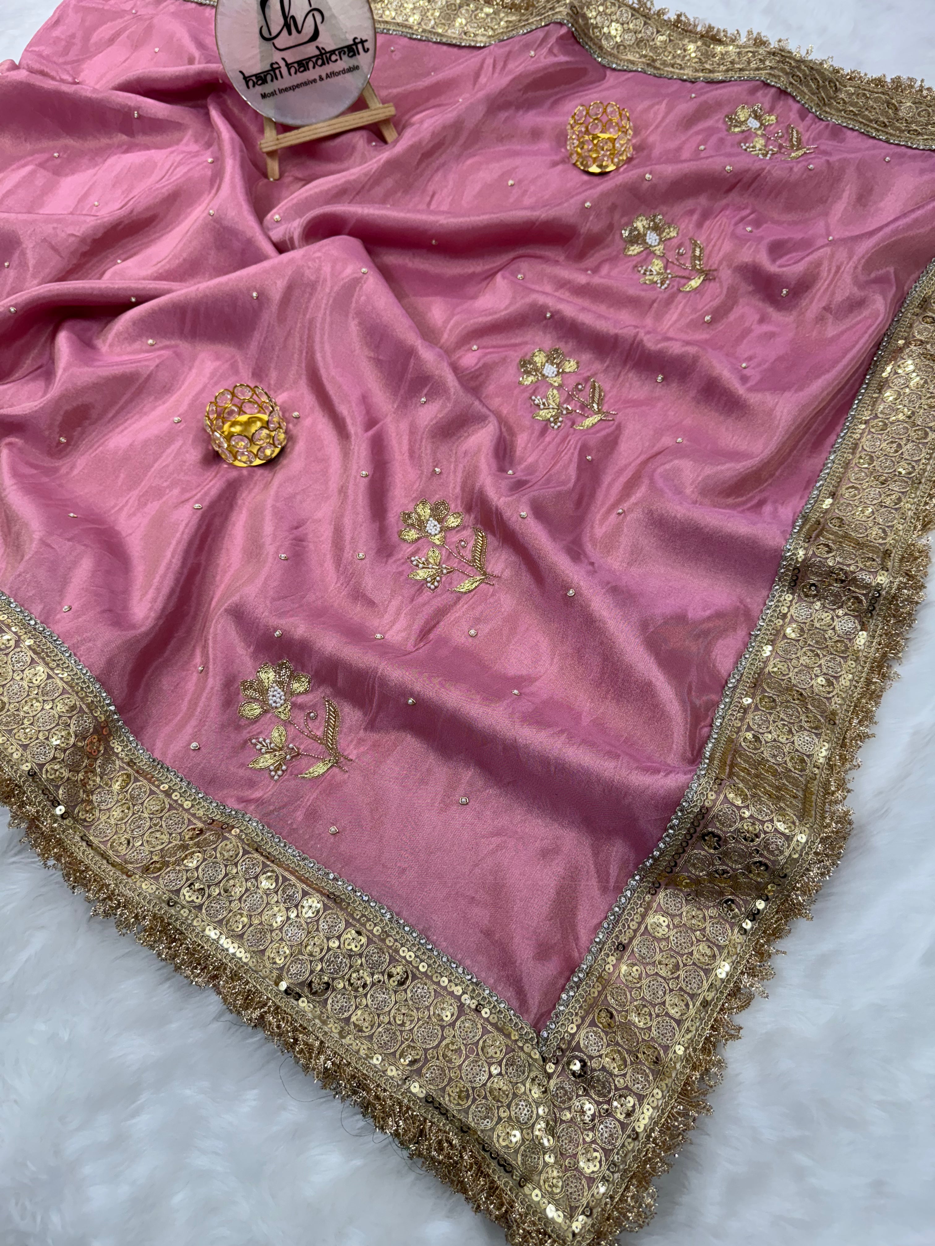 Rang-e-Mehar Rose Pink Handcrafted Zardozi Soft Tissue Silk Saree