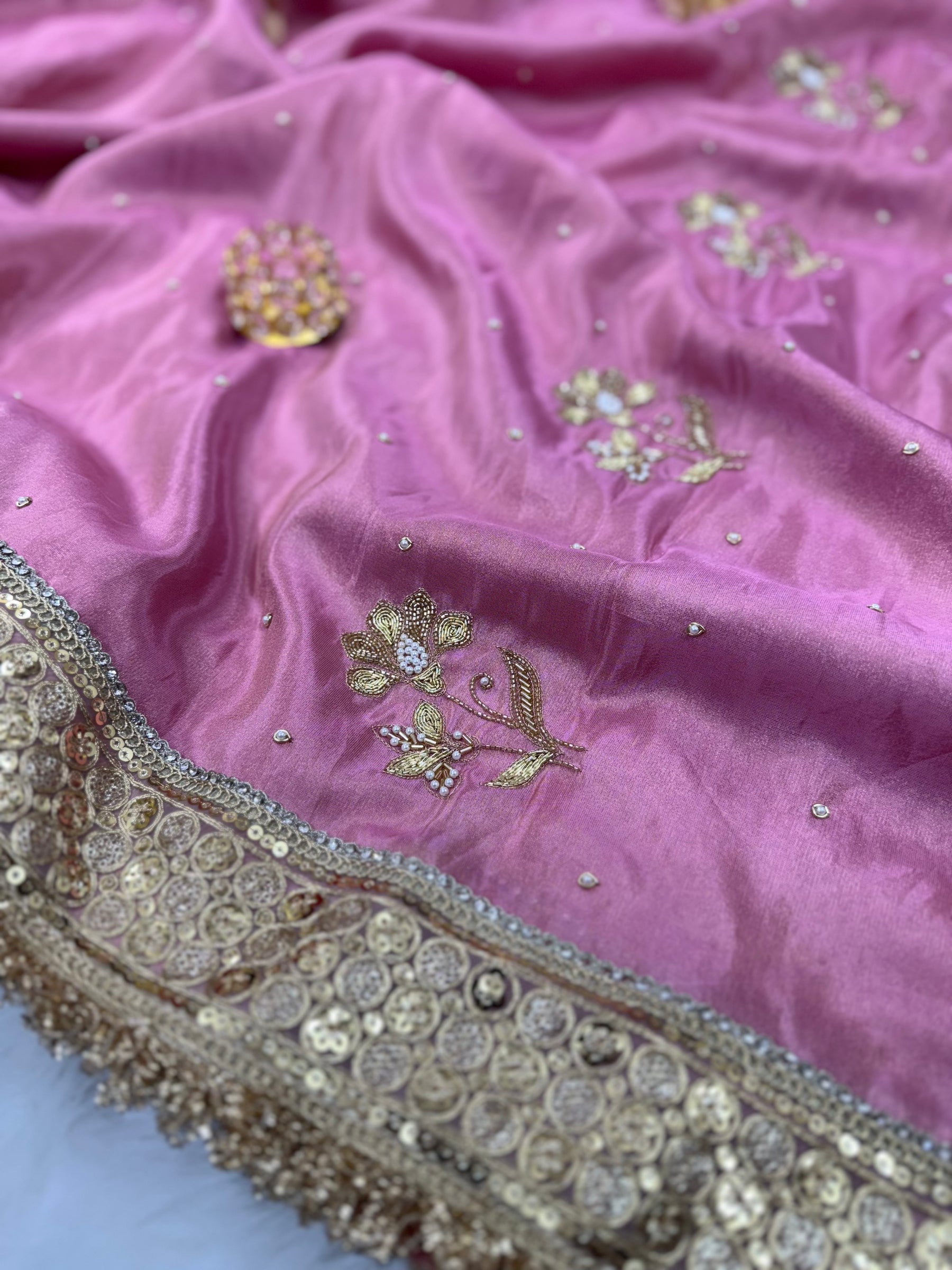 Rang-e-Mehar Rose Pink Handcrafted Zardozi Soft Tissue Silk Saree
