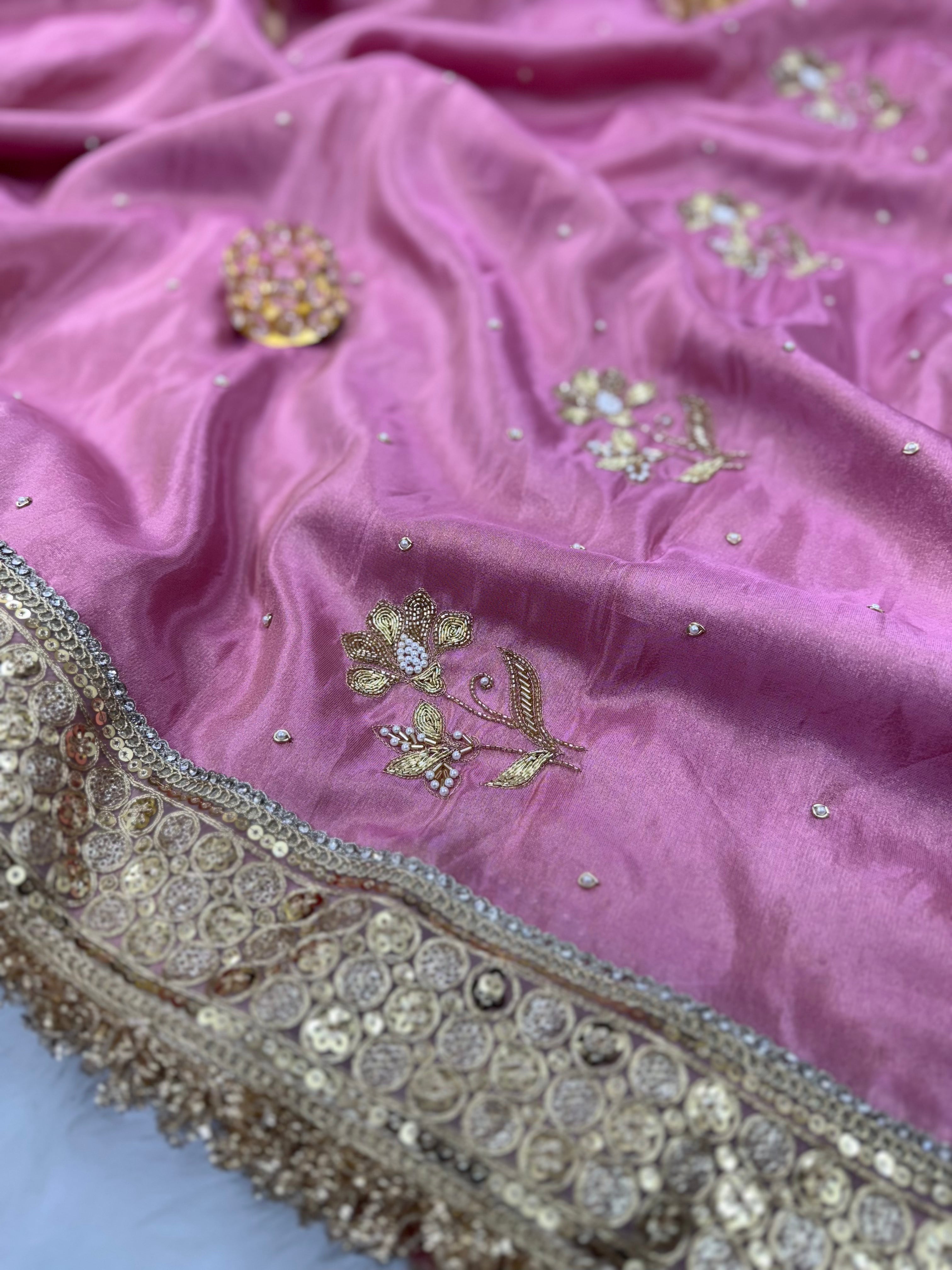 Rang-e-Mehar Rose Pink Handcrafted Zardozi Soft Tissue Silk Saree