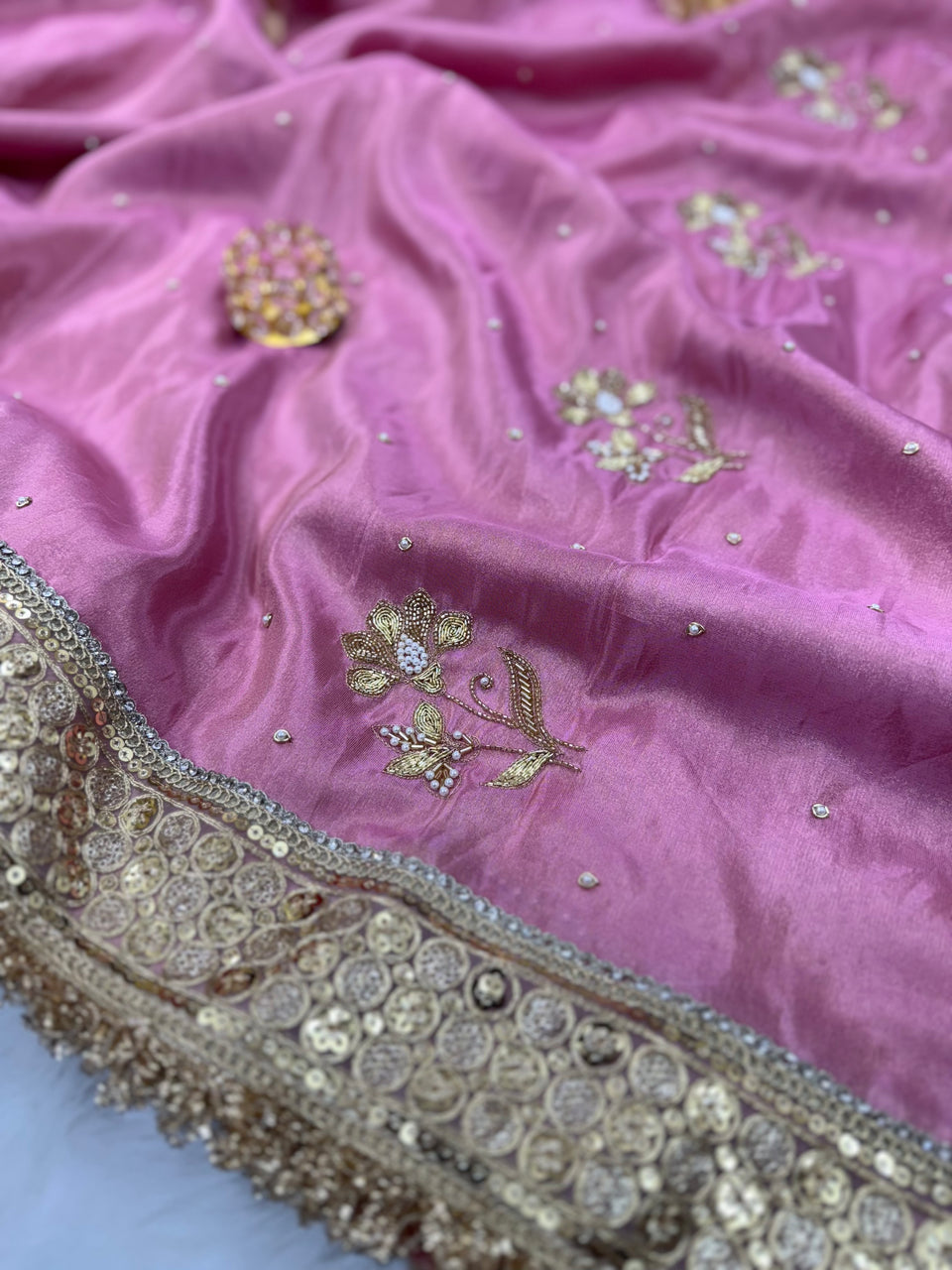 Rang-e-Mehar Rose Pink Handcrafted Zardozi Soft Tissue Silk Saree