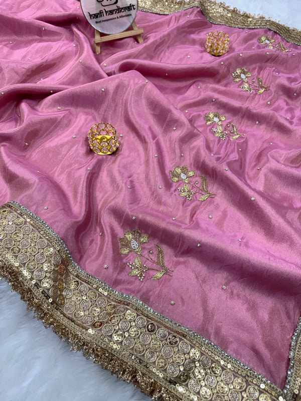 Rang-e-Mehar Rose Pink Designer Shimmery Soft Tissue Silk Saree