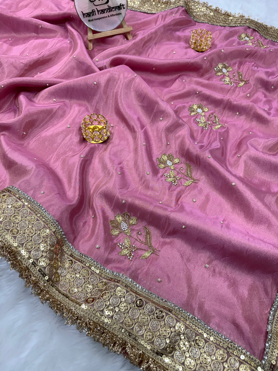 Rang-e-Mehar Rose Pink Handcrafted Zardozi Soft Tissue Silk Saree