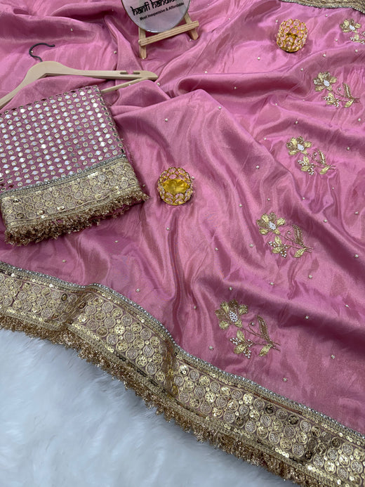 Rang-e-Mehar Rose Pink Handcrafted Zardozi Soft Tissue Silk Saree