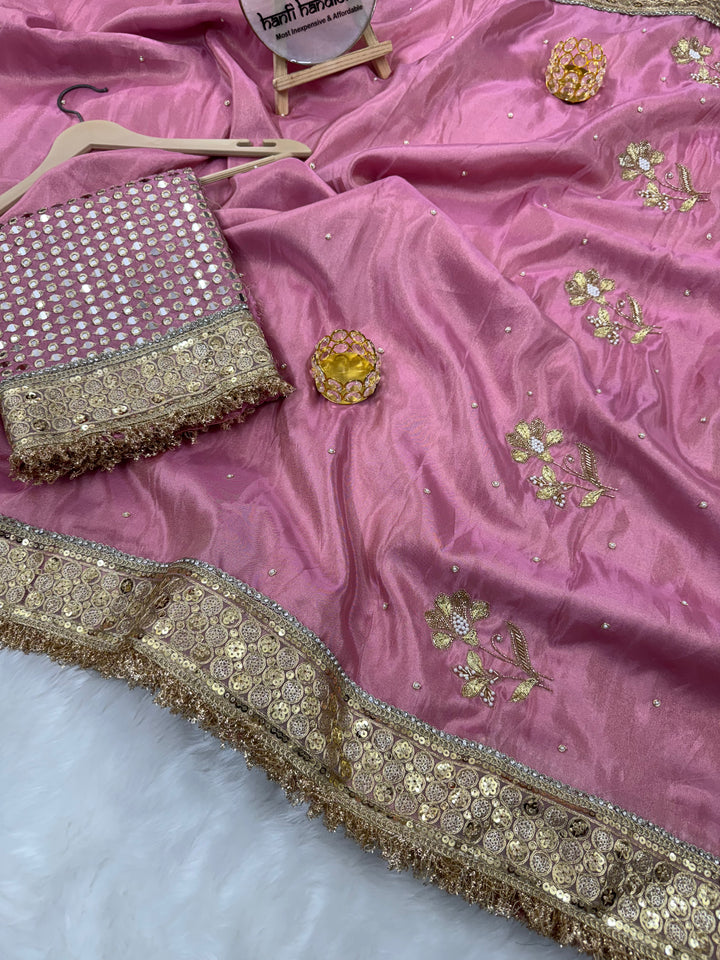 Rang-e-Mehar Rose Pink Handcrafted Zardozi Soft Tissue Silk Saree