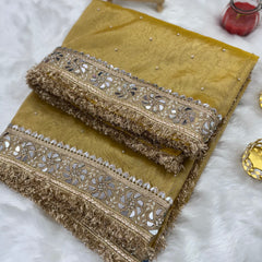 Noor-e-Zar Muted Gold Pearl Motif Handwork Saree with Mirror work Borders