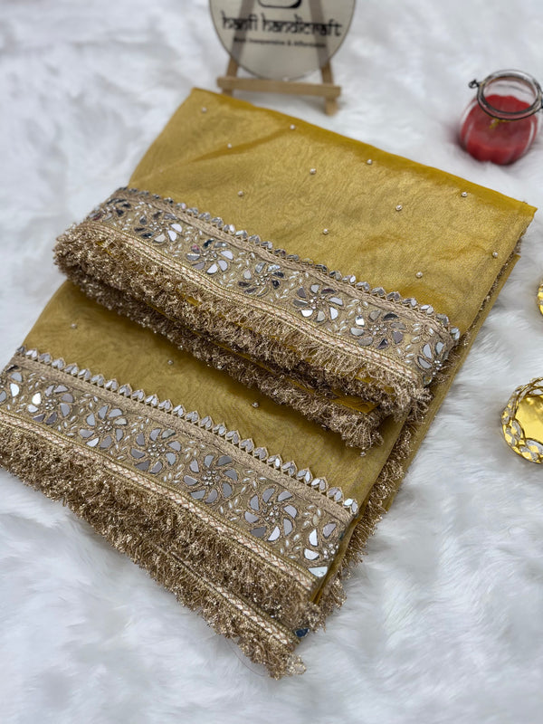 Noor-e-Zar Muted Gold Pearl Motif Handwork Saree with Mirror work Borders