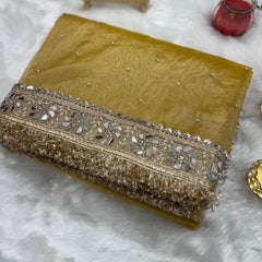 Noor-e-Zar Muted Gold Pearl Motif Handwork Saree with Mirror work Borders