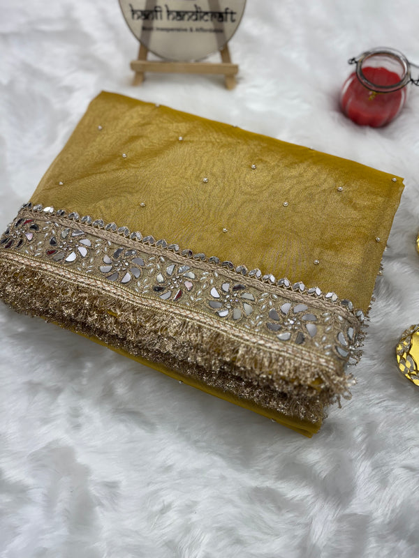 Noor-e-Zar Muted Gold Pearl Motif Handwork Saree with Mirror work Borders