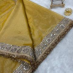 Noor-e-Zar Muted Gold Pearl Motif Handwork Saree with Mirror work Borders