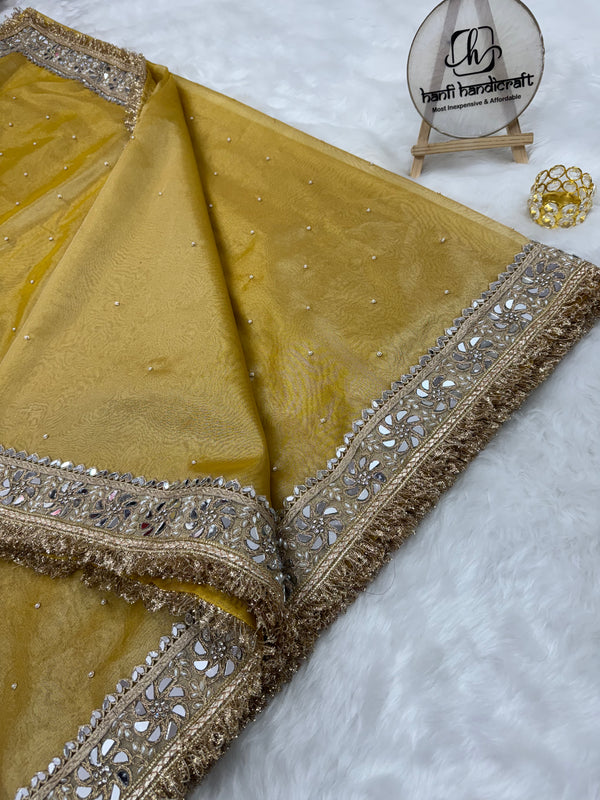 Noor-e-Zar Muted Gold Pearl Motif Handwork Saree with Mirror work Borders