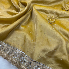 Noor-e-Zar Muted Gold Pearl Motif Handwork Saree with Mirror work Borders
