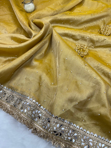 Noor-e-Zar Muted Gold Pearl Motif Handwork Saree with Mirror work Borders