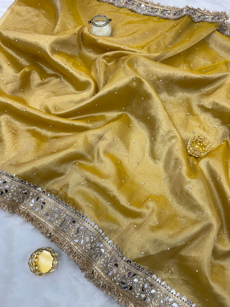 Noor-e-Zar Muted Gold Pearl Motif Handwork Saree with Mirror work Borders