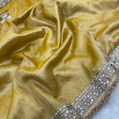 Noor-e-Zar Muted Gold Pearl Motif Handwork Saree with Mirror work Borders