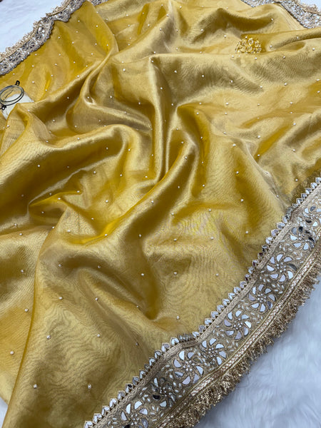 Noor-e-Zar Muted Gold Pearl Motif Handwork Saree with Mirror work Borders