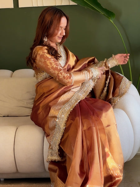 Copper Gold Banarasi Riwaayat Tissue Silk Saree | Easy To Carry