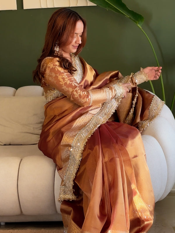 Copper Gold Banarasi Riwaayat Tissue Silk Saree | Easy To Carry