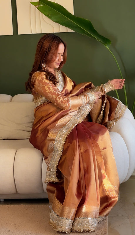 Copper Gold Banarasi Riwaayat Tissue Silk Saree | Easy To Carry