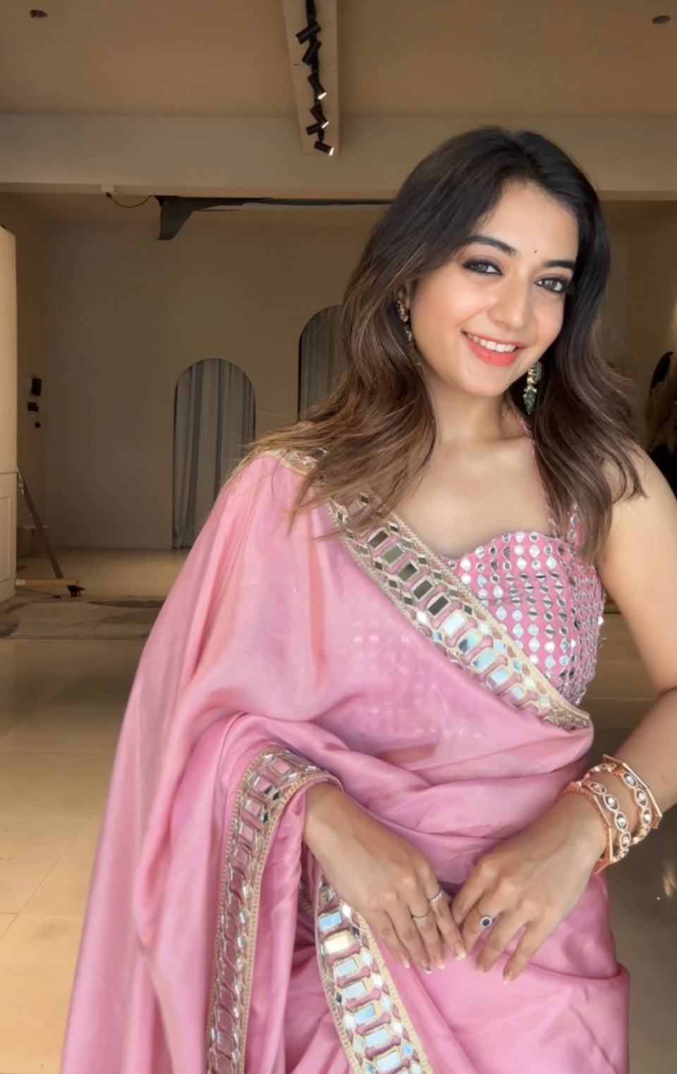 Rose Pink Designer Mirror Work Pure Tissue Silk Saree | Special Edition