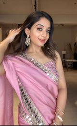 Rose Pink Designer Mirror Work Pure Tissue Silk Saree | Special Edition