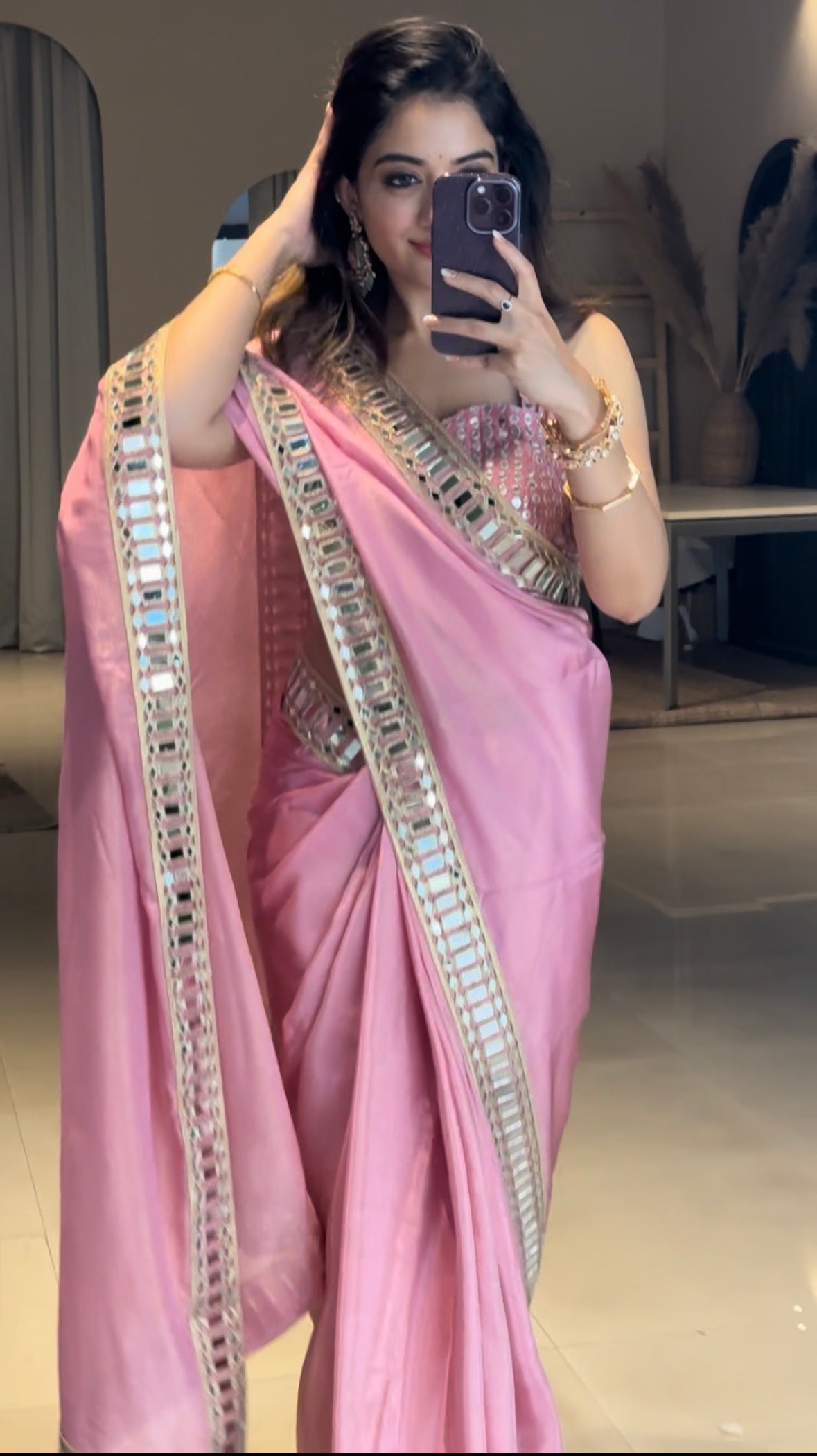 Rose Pink Designer Mirror Work Pure Tissue Silk Saree | Special Edition