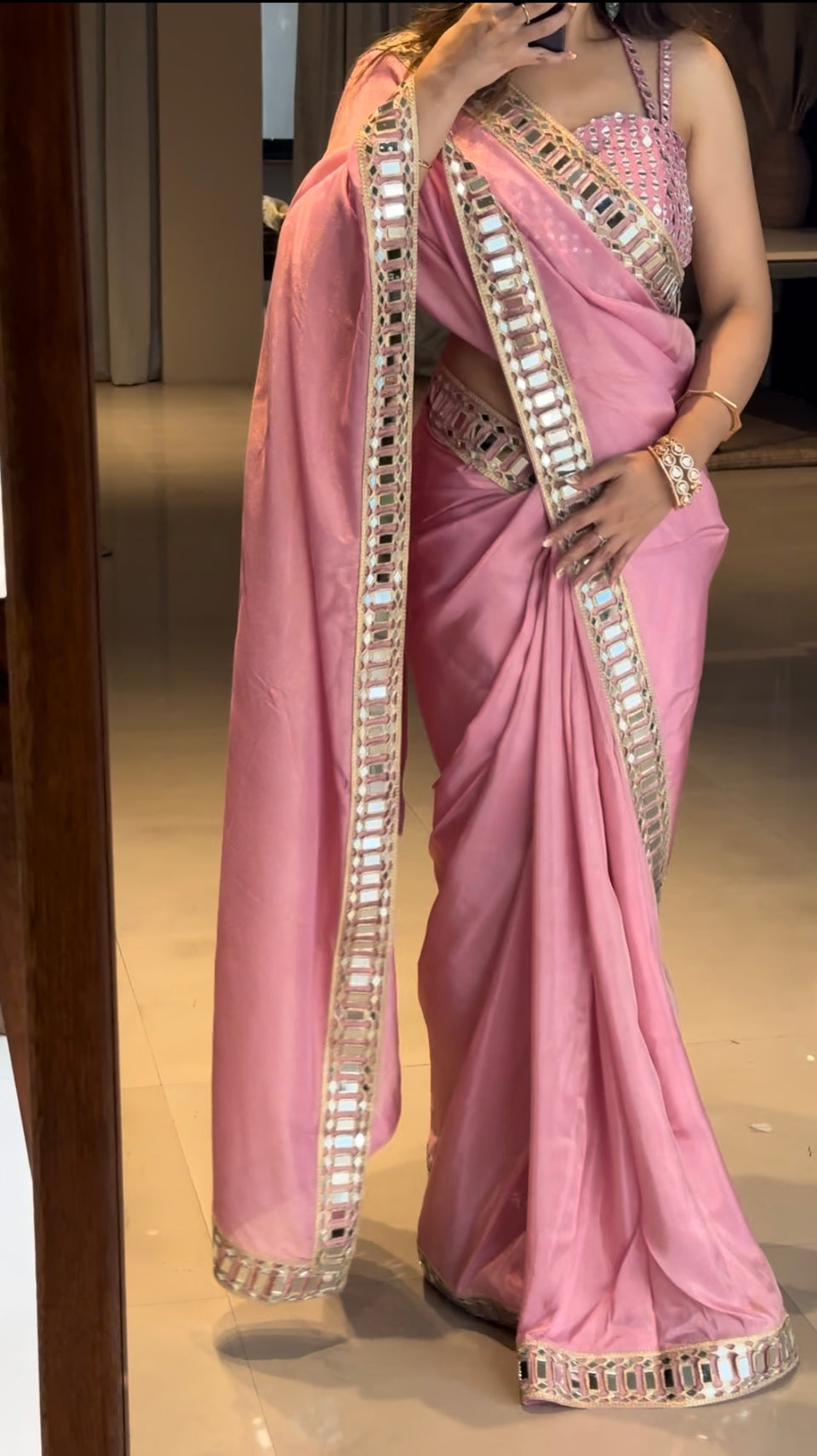 Rose Pink Designer Mirror Work Pure Tissue Silk Saree | Special Edition