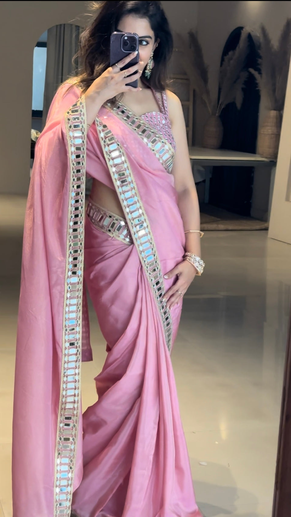 Rose Pink Designer Mirror Work Pure Tissue Silk Saree | Special Edition