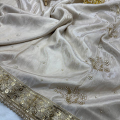 Rang-e-Mehar Pearl White Handcrafted Zardozi Soft Tissue Silk Saree