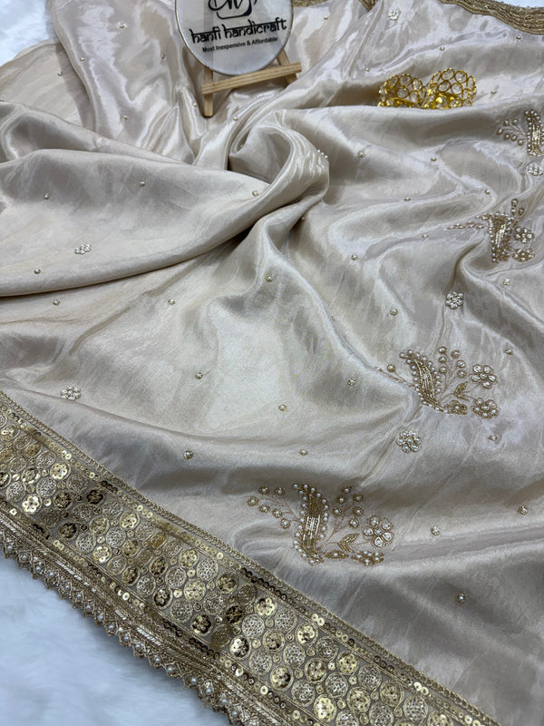 Rang-e-Mehar Pearl White Handcrafted Zardozi Soft Tissue Silk Saree