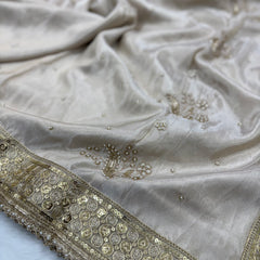 Rang-e-Mehar Pearl White Handcrafted Zardozi Soft Tissue Silk Saree