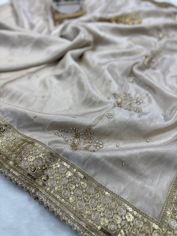 Rang-e-Mehar Pearl White Handcrafted Zardozi Soft Tissue Silk Saree