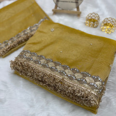 Gul-e-Zar Soft Gold Pearl Motif Handwork Saree with Mirror work Borders